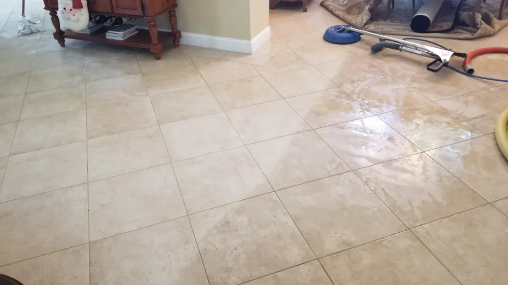 Large-format tile floor after cleaning